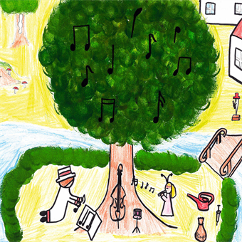 Kinderzeichnung eines Baumes mit Musiknoten